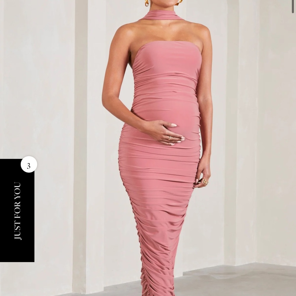 BLUSH PINK RUCHED MATERNITY MAXI DRESS WITH HALTER COLLAR